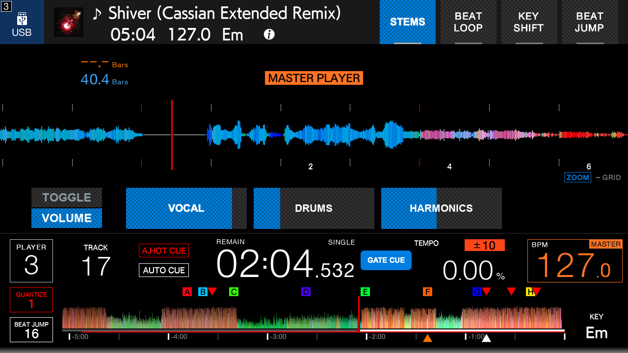 Independent stems volume controls on a CDJ-3000 display